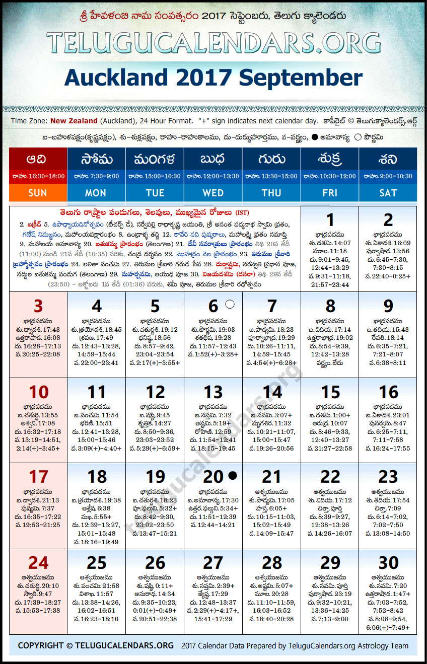 Telugu Calendar 2017 September, Auckland