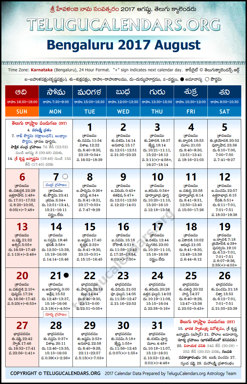 Telugu Calendar 2017 August, Bengaluru