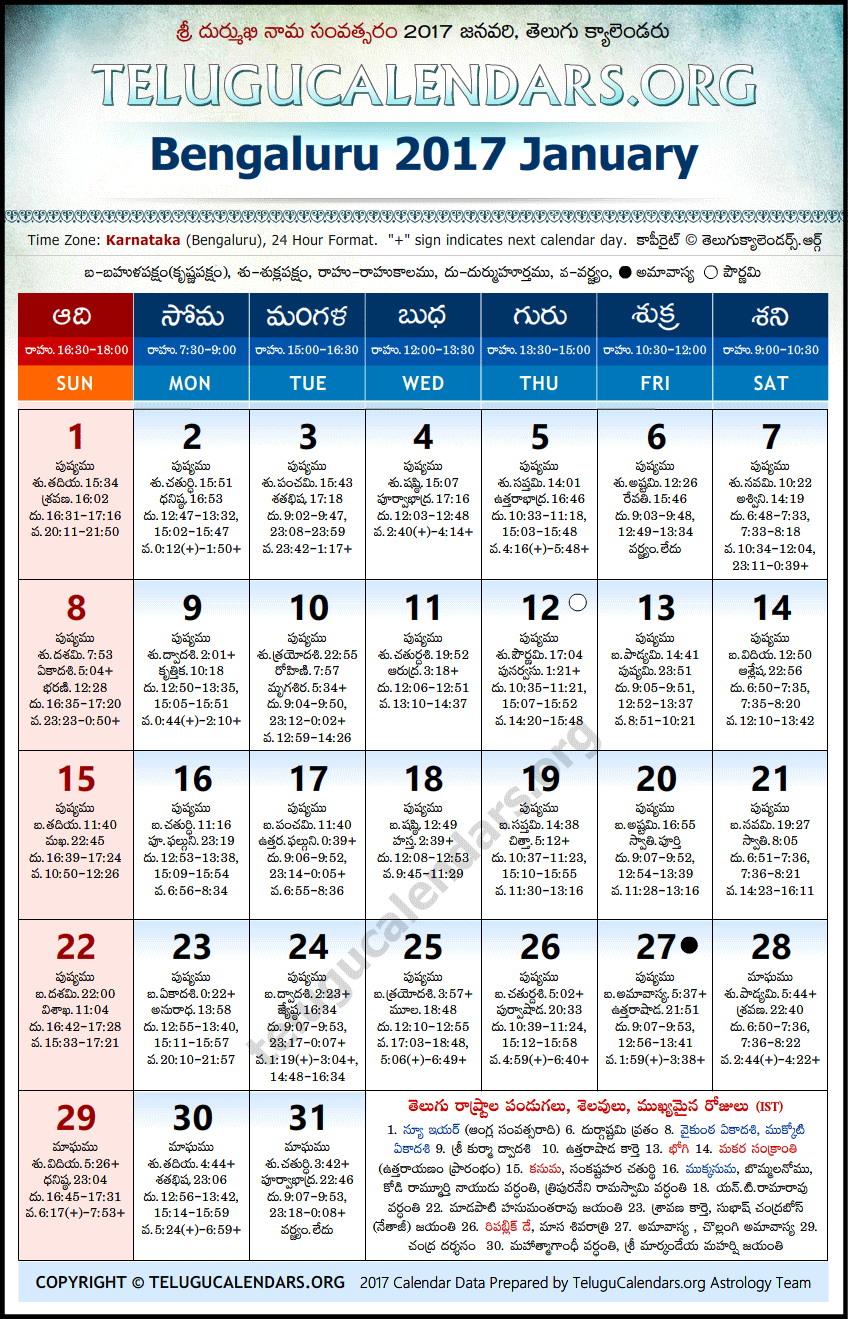 Telugu Calendar 2017 January, Bengaluru