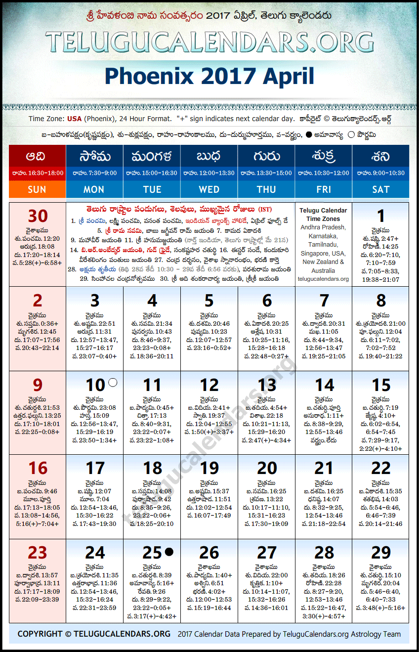 Telugu Calendar 2017 April, Phoenix