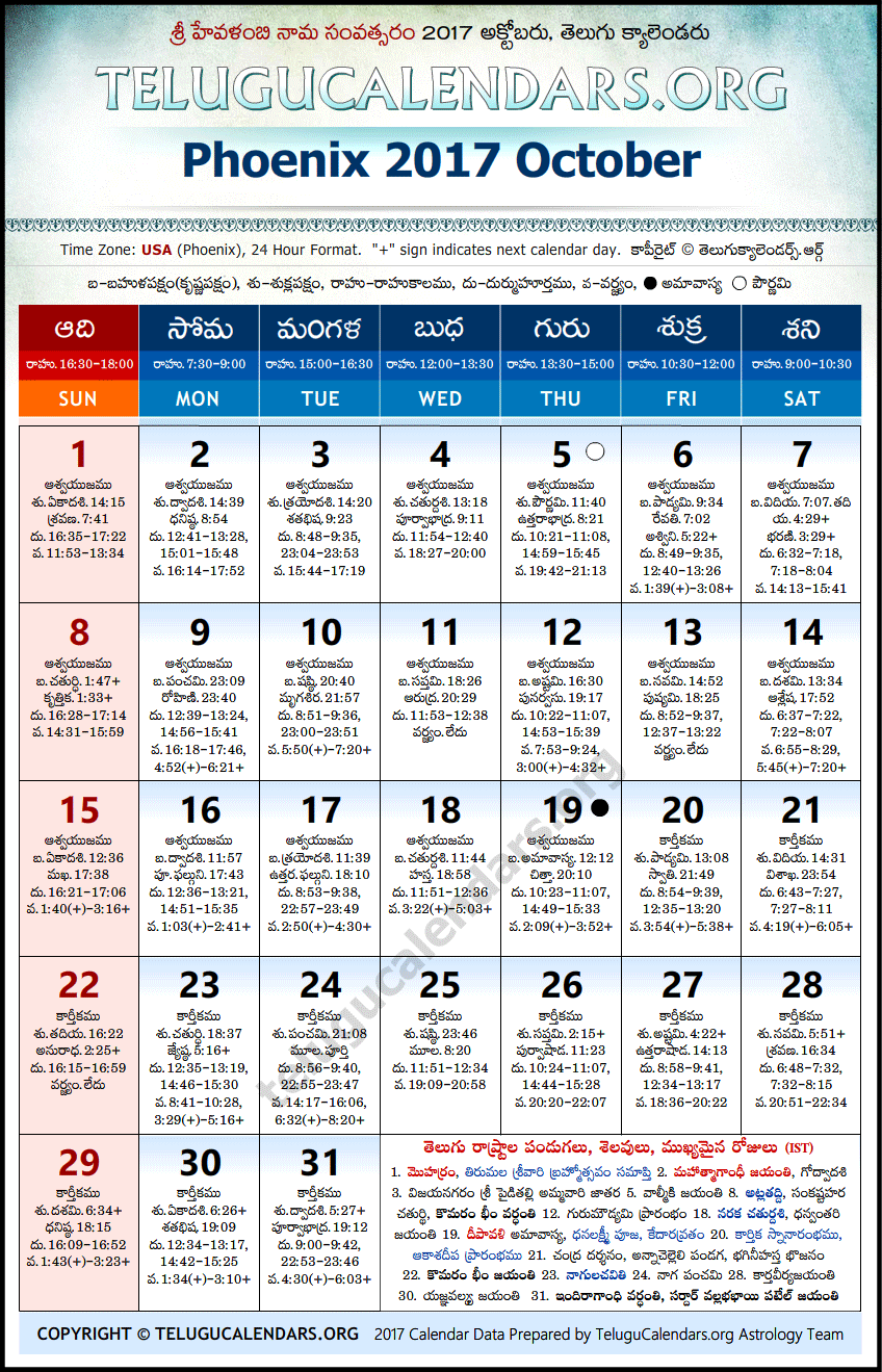 Telugu Calendar 2017 October, Phoenix