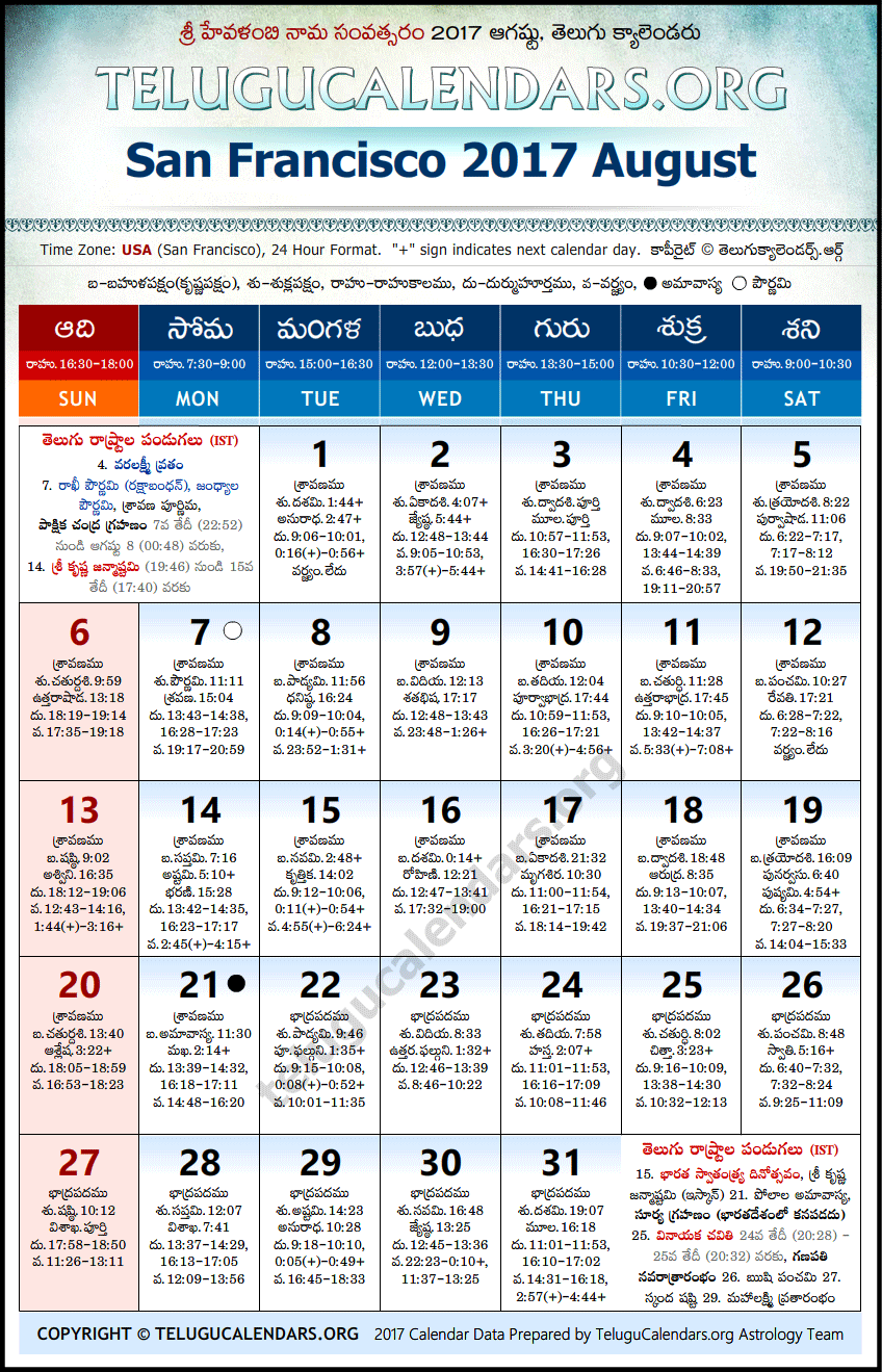 Telugu Calendar 2017 August, San Francisco