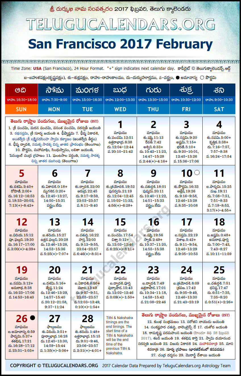 Telugu Calendar 2017 February, San Francisco