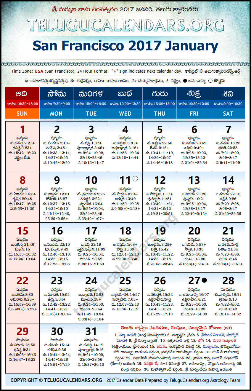 Telugu Calendar 2017 January, San Francisco