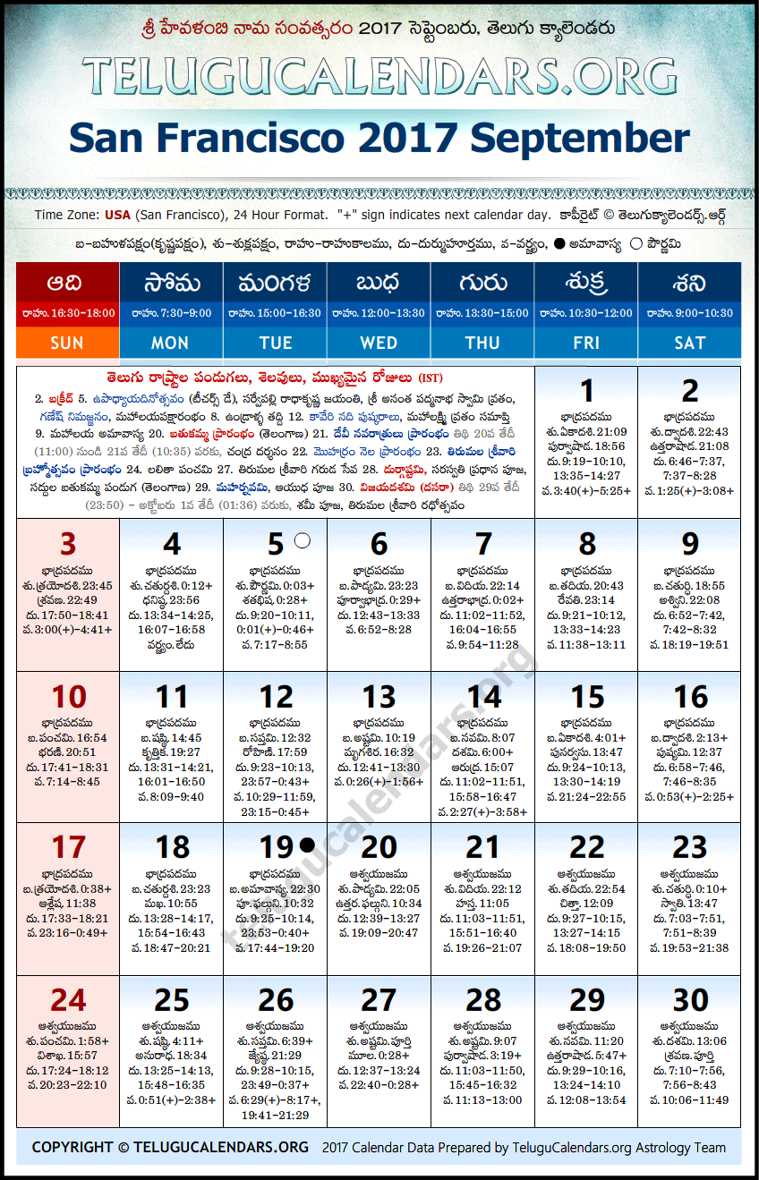 Telugu Calendar 2017 September, San Francisco