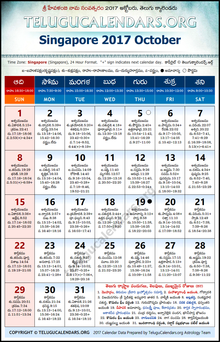Telugu Calendar 2017 October, Singapore