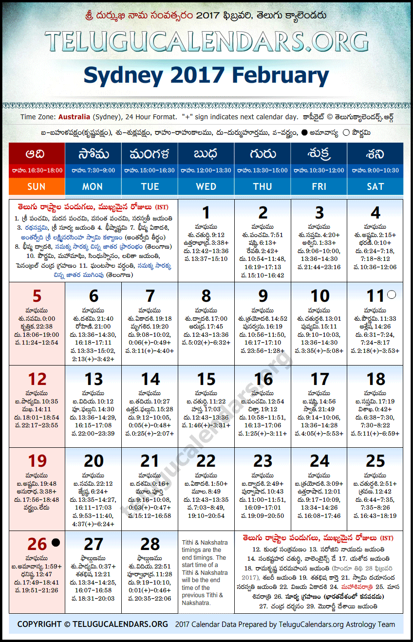 Telugu Calendar 2017 February, Sydney