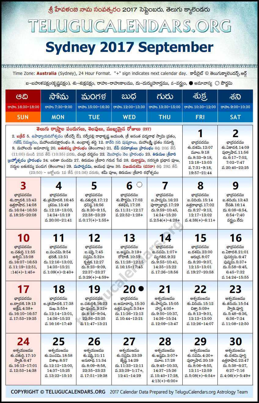 Telugu Calendar 2017 September, Sydney