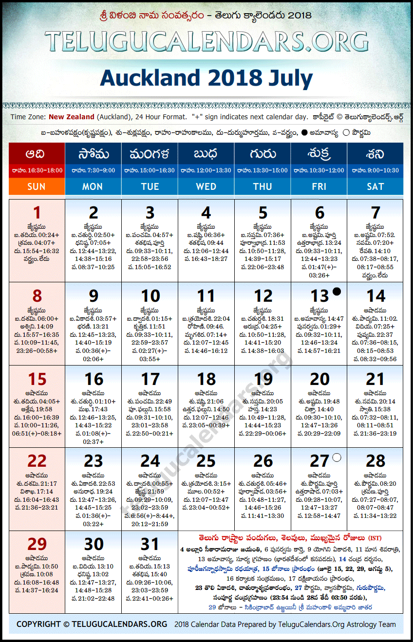 Telugu Calendar 2018 July, Auckland