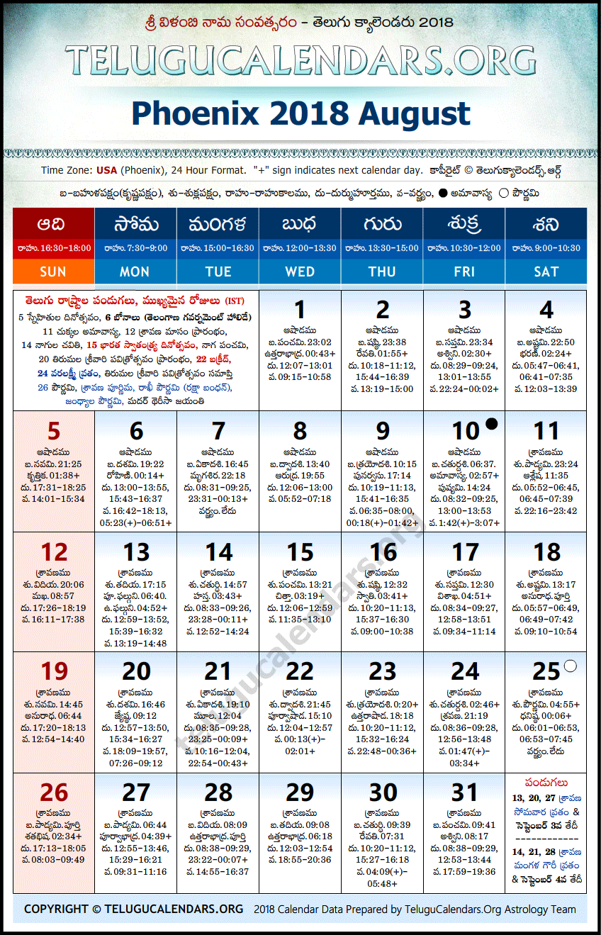Telugu Calendar 2018 August, Phoenix