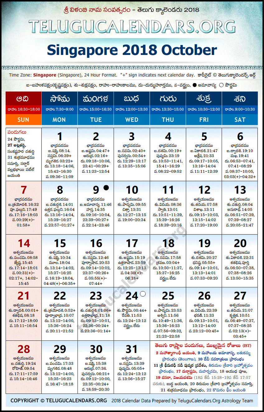 Telugu Calendar 2018 October, Singapore