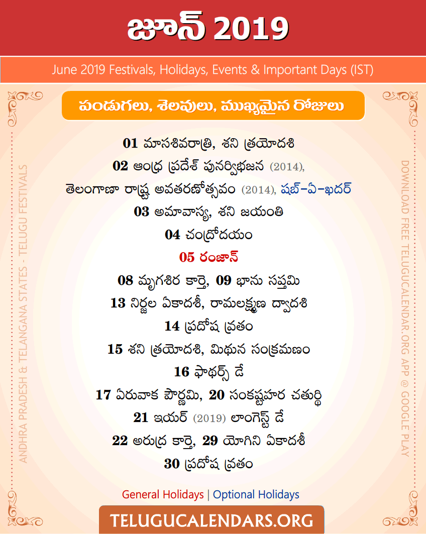 Telugu Festivals 2019 June (IST)