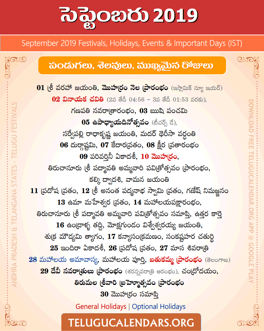 Telugu Festivals 2019 September (IST)