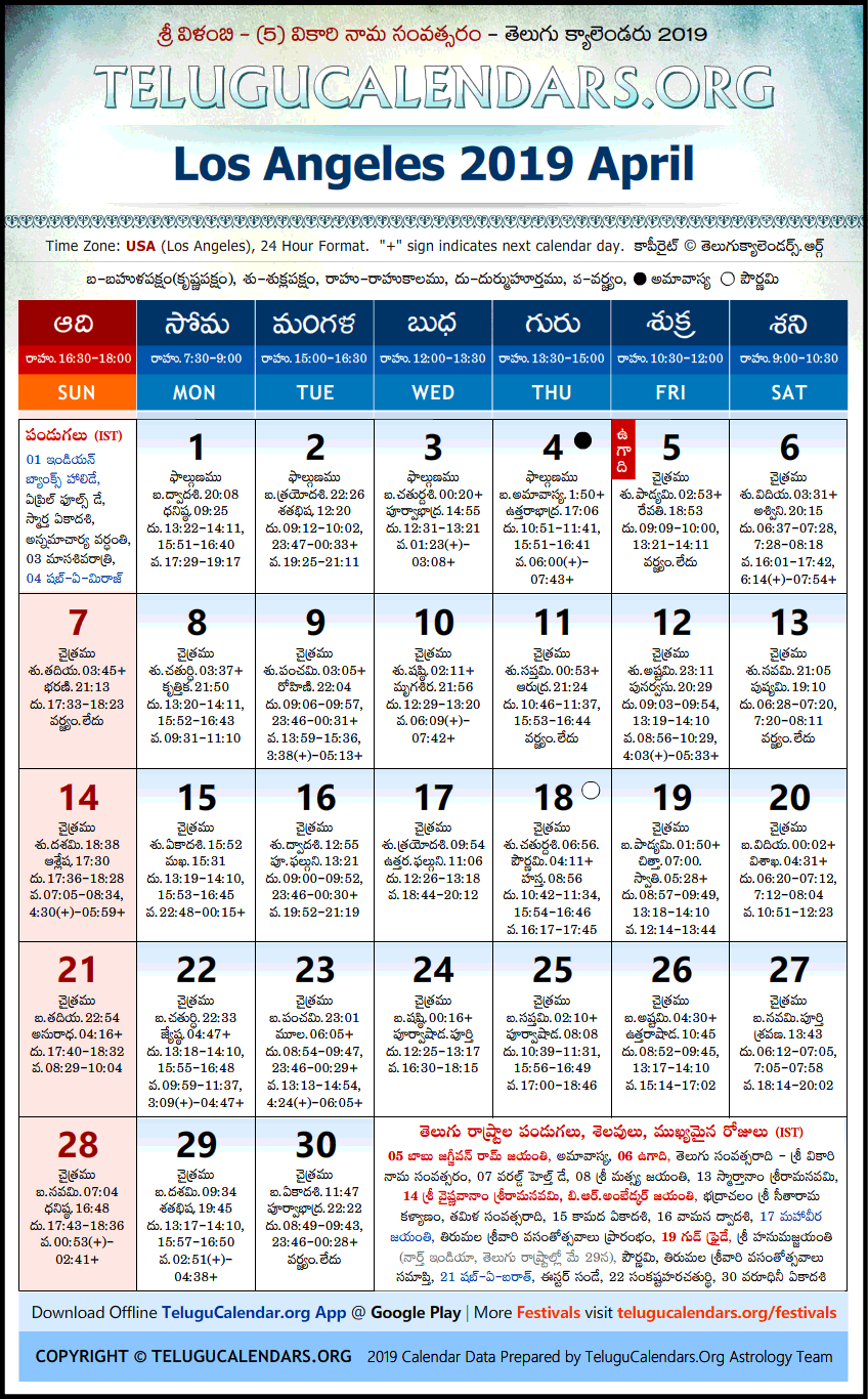 Telugu Calendar 2019 April, Los Angeles
