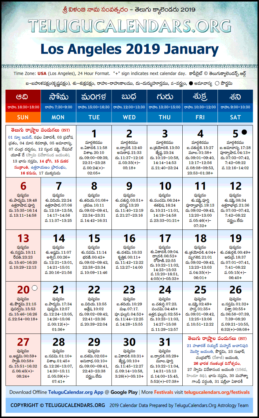 Telugu Calendar 2019 January, Los Angeles