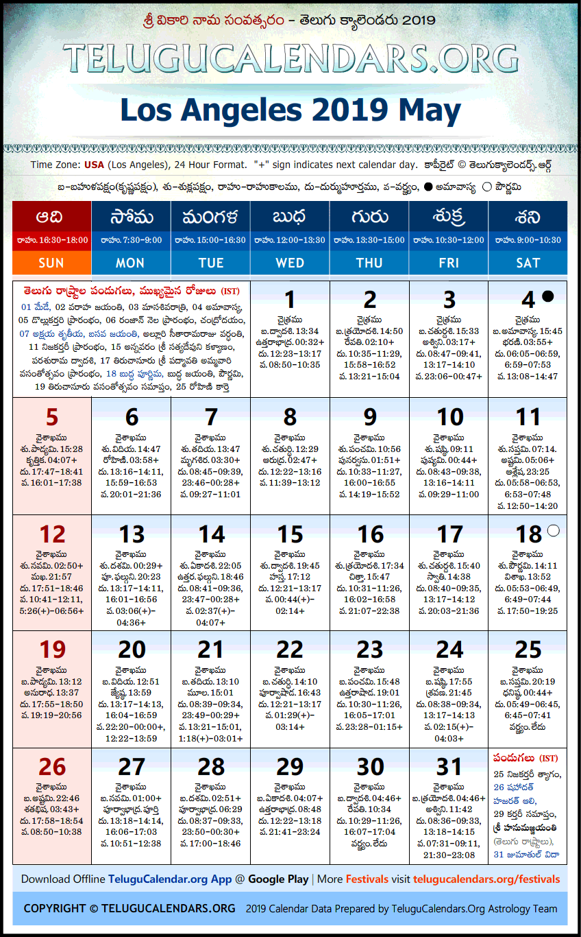 Telugu Calendar 2019 May, Los Angeles