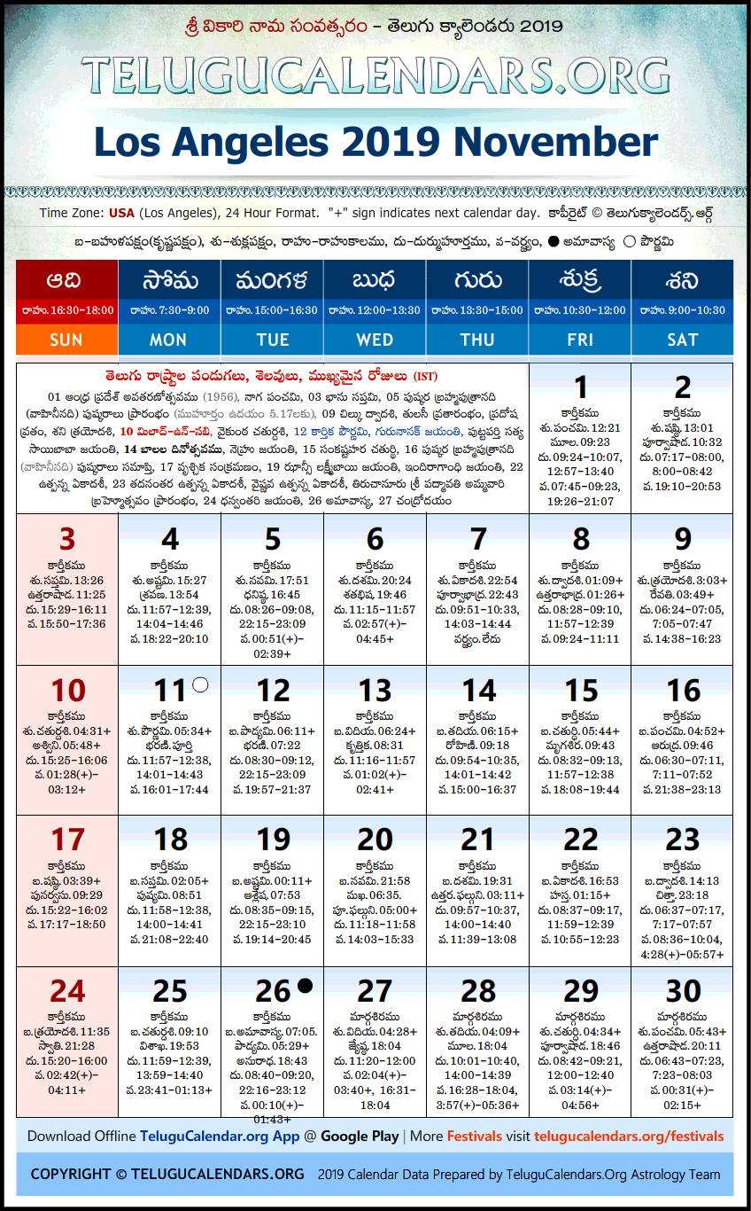 Telugu Calendar 2019 November, Los Angeles