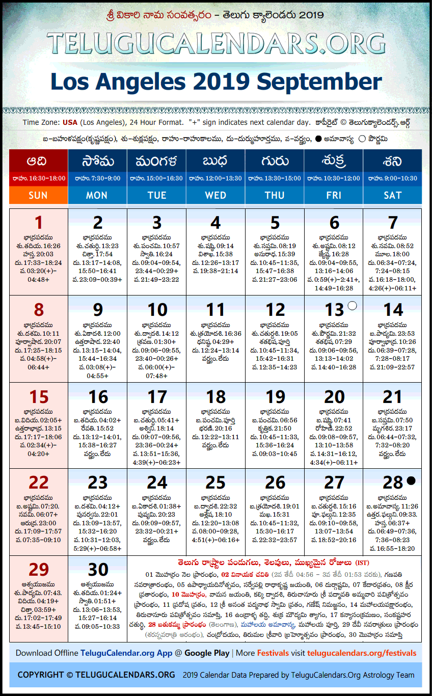 Telugu Calendar 2019 September, Los Angeles
