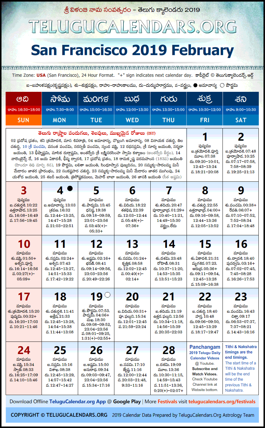 Telugu Calendar 2019 February, San Francisco