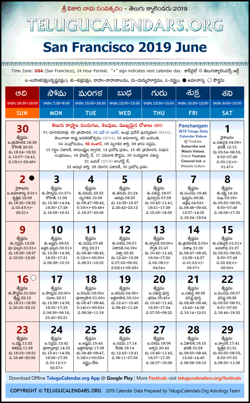 Telugu Calendar 2019 June, San Francisco