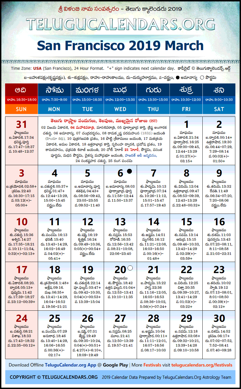 Telugu Calendar 2019 March, San Francisco