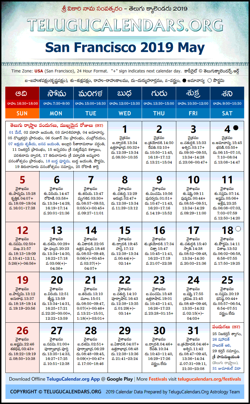 Telugu Calendar 2019 May, San Francisco