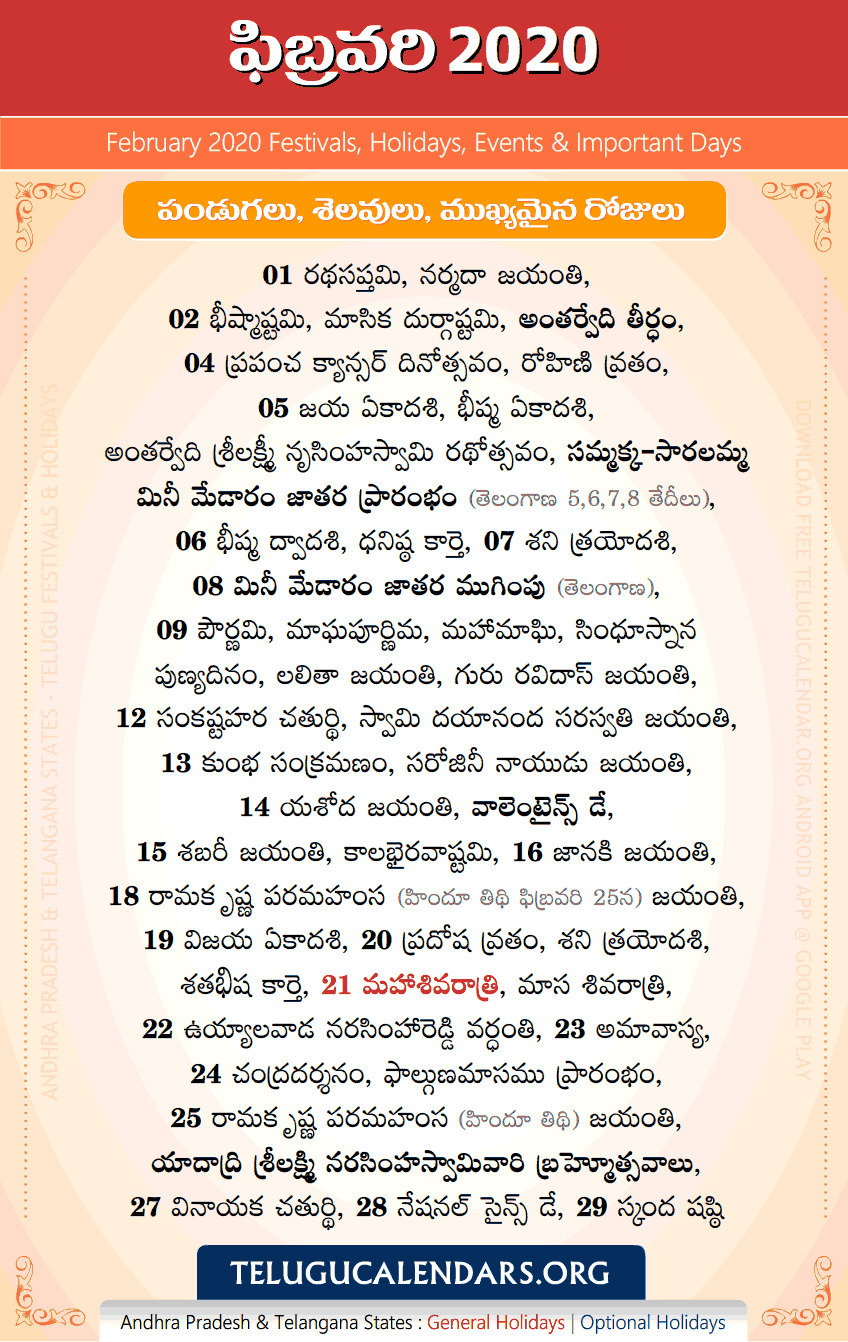 Telugu Festivals 2020 February (IST)