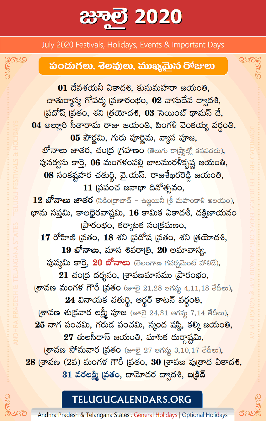 Telugu Festivals 2020 July (IST)