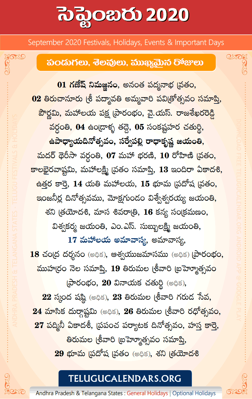 Telugu Festivals 2020 September (IST)