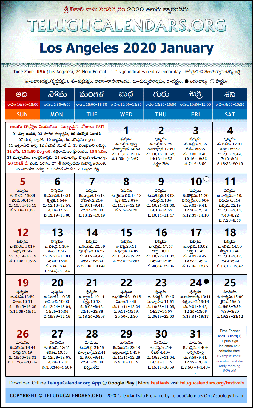 Telugu Calendar 2020 January, Los Angeles