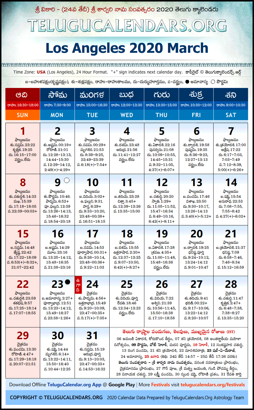 Telugu Calendar 2020 March, Los Angeles