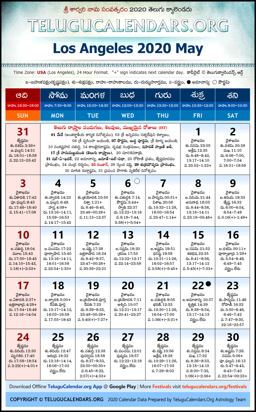 Telugu Calendar 2020 May, Los Angeles