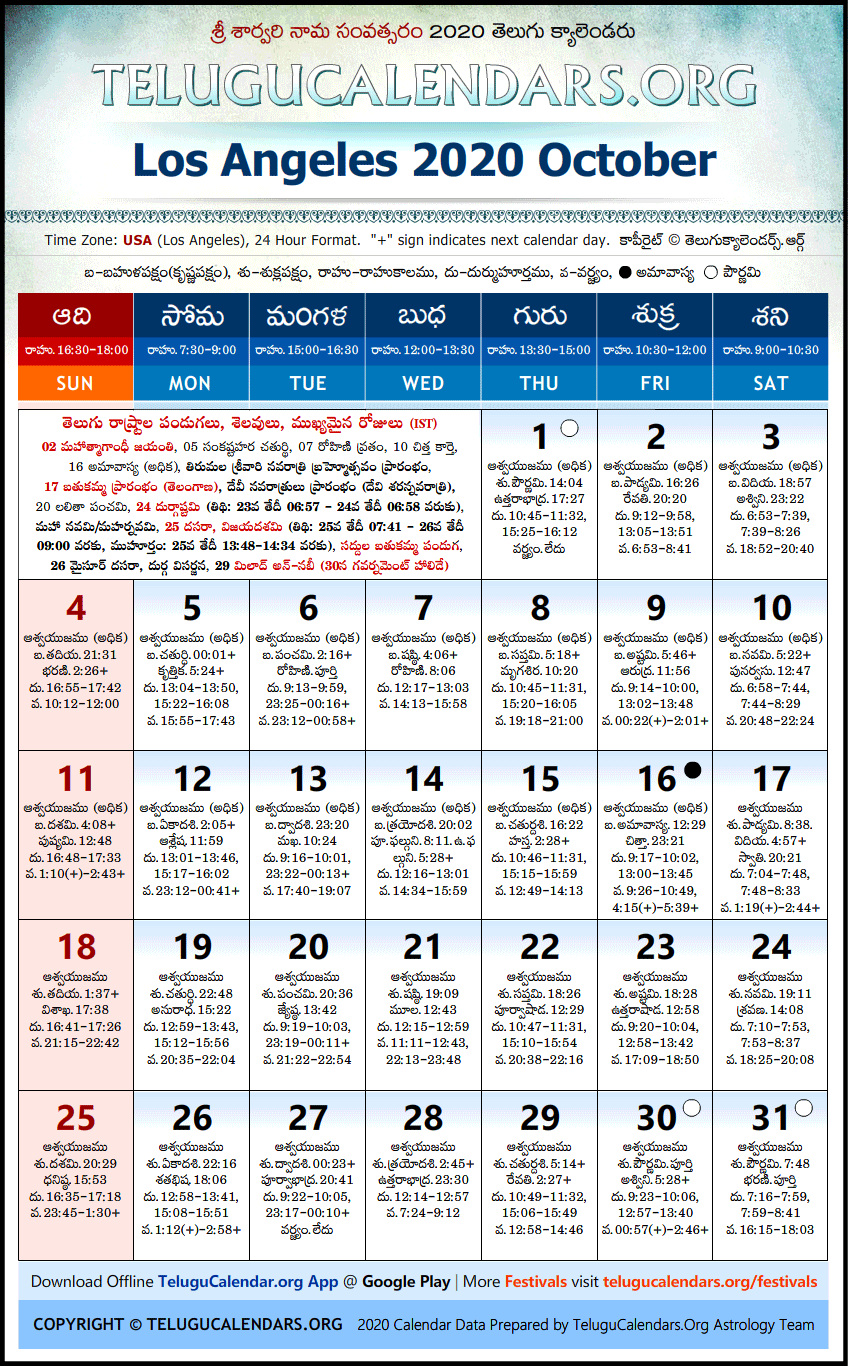 Telugu Calendar 2020 October, Los Angeles