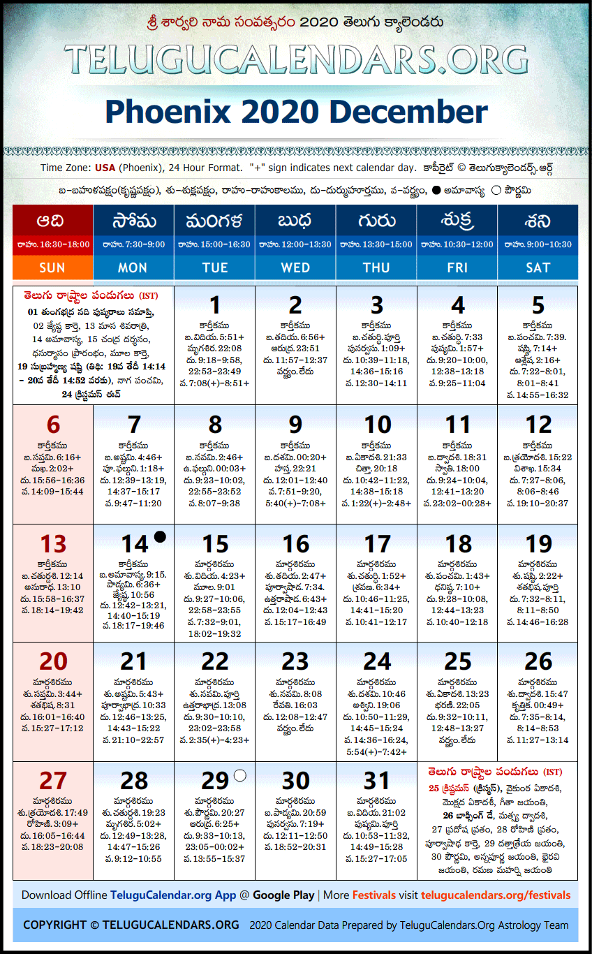 Telugu Calendar 2020 December, Phoenix