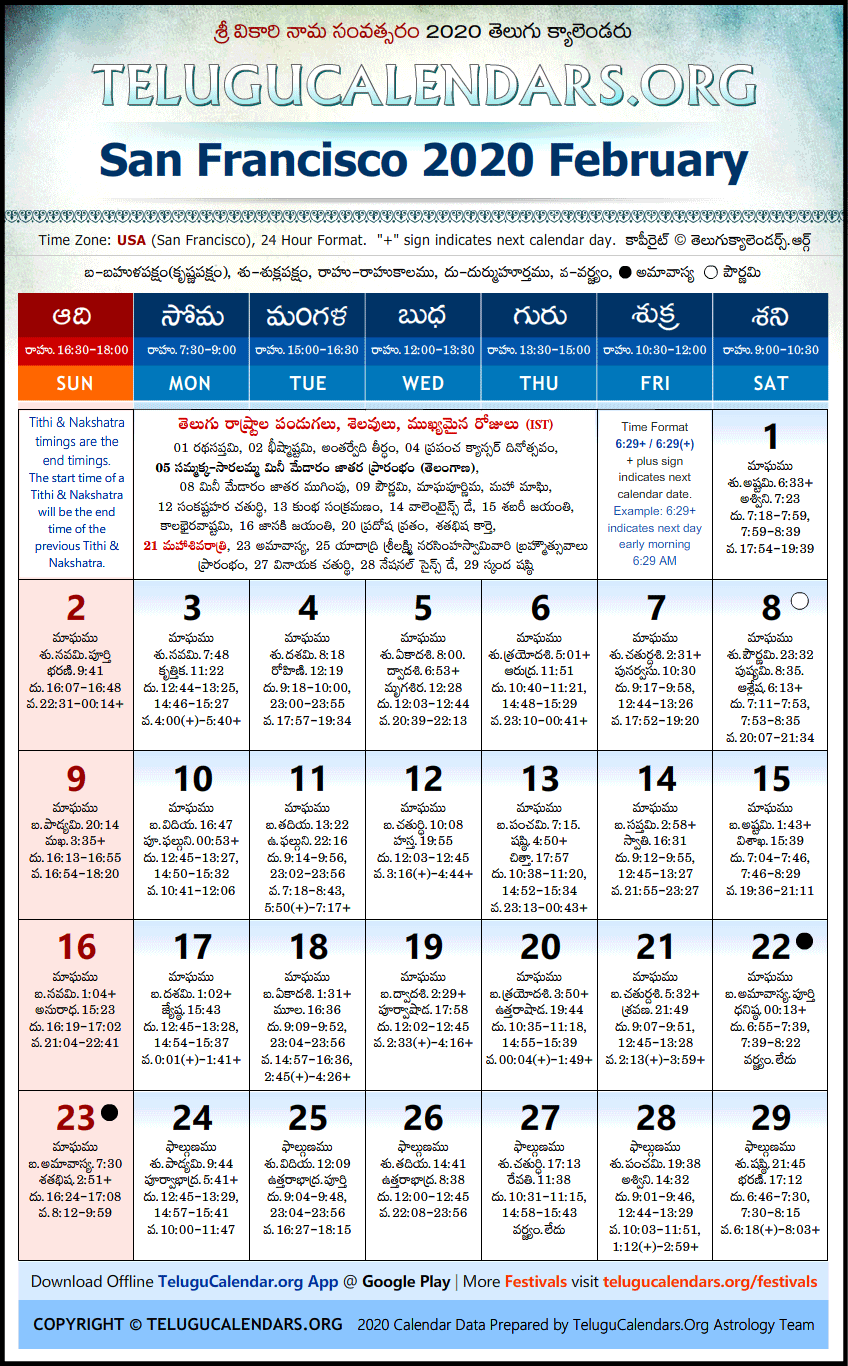 Telugu Calendar 2020 February, San Francisco
