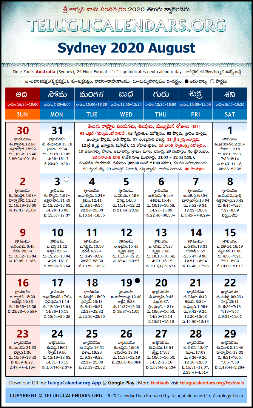 Telugu Calendar 2020 August, Sydney