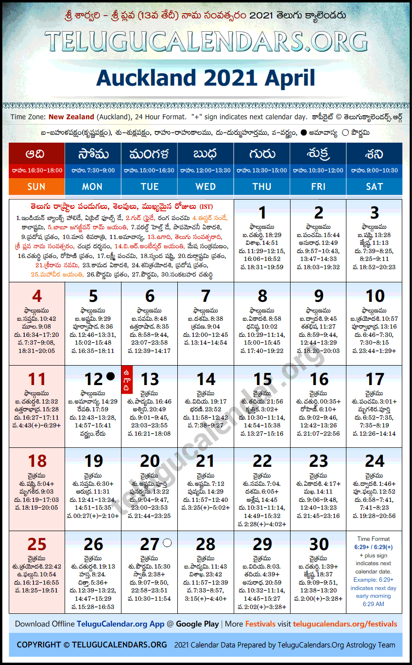 Telugu Calendar 2021 April, Auckland