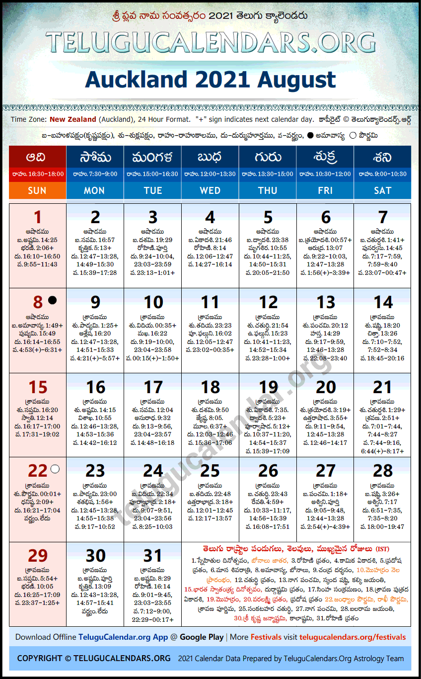 Telugu Calendar 2021 August, Auckland