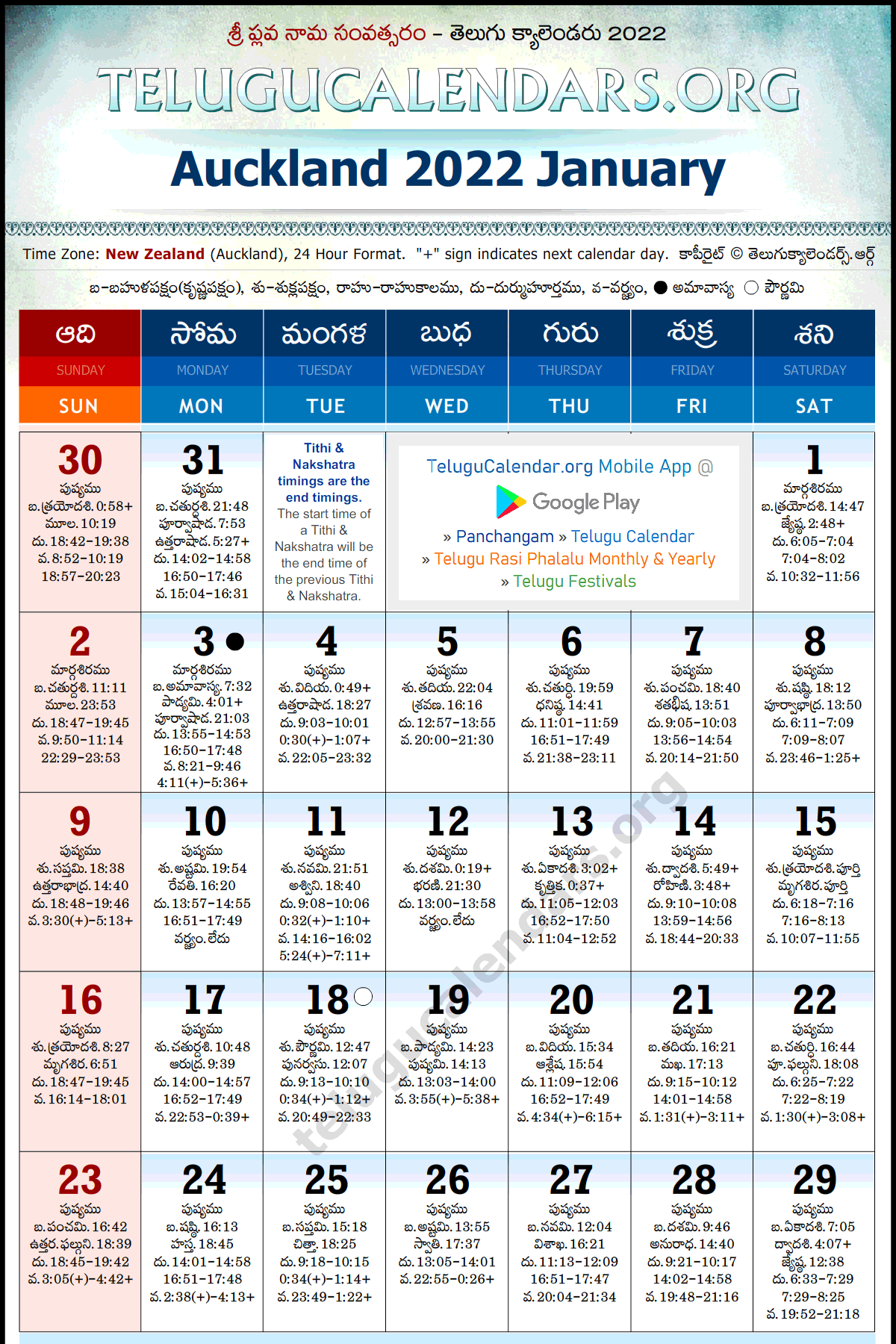 Telugu Calendar 2022 January, Auckland