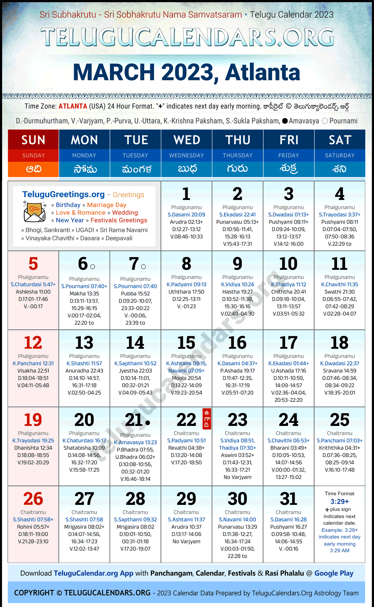 Telugu Calendar 2023 March Festivals for Atlanta