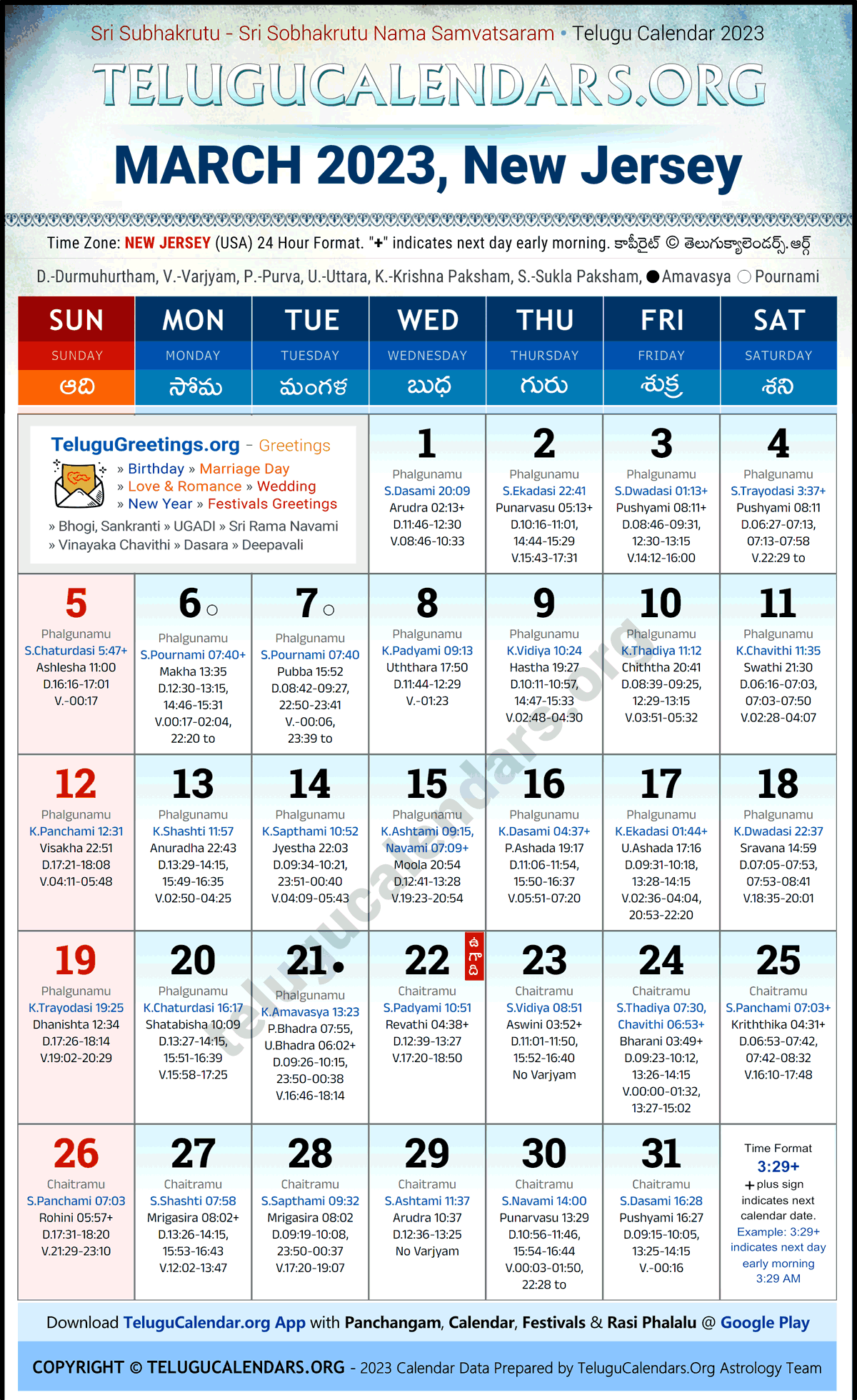 New Jersey 2023 March Telugu Calendar Festivals & Holidays in English