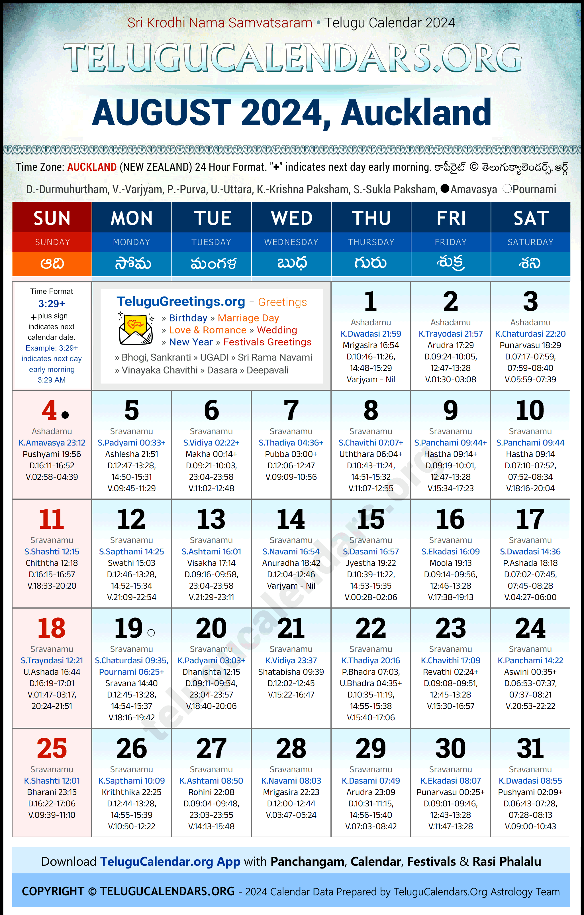 Telugu Calendar 2024 August Festivals for Auckland