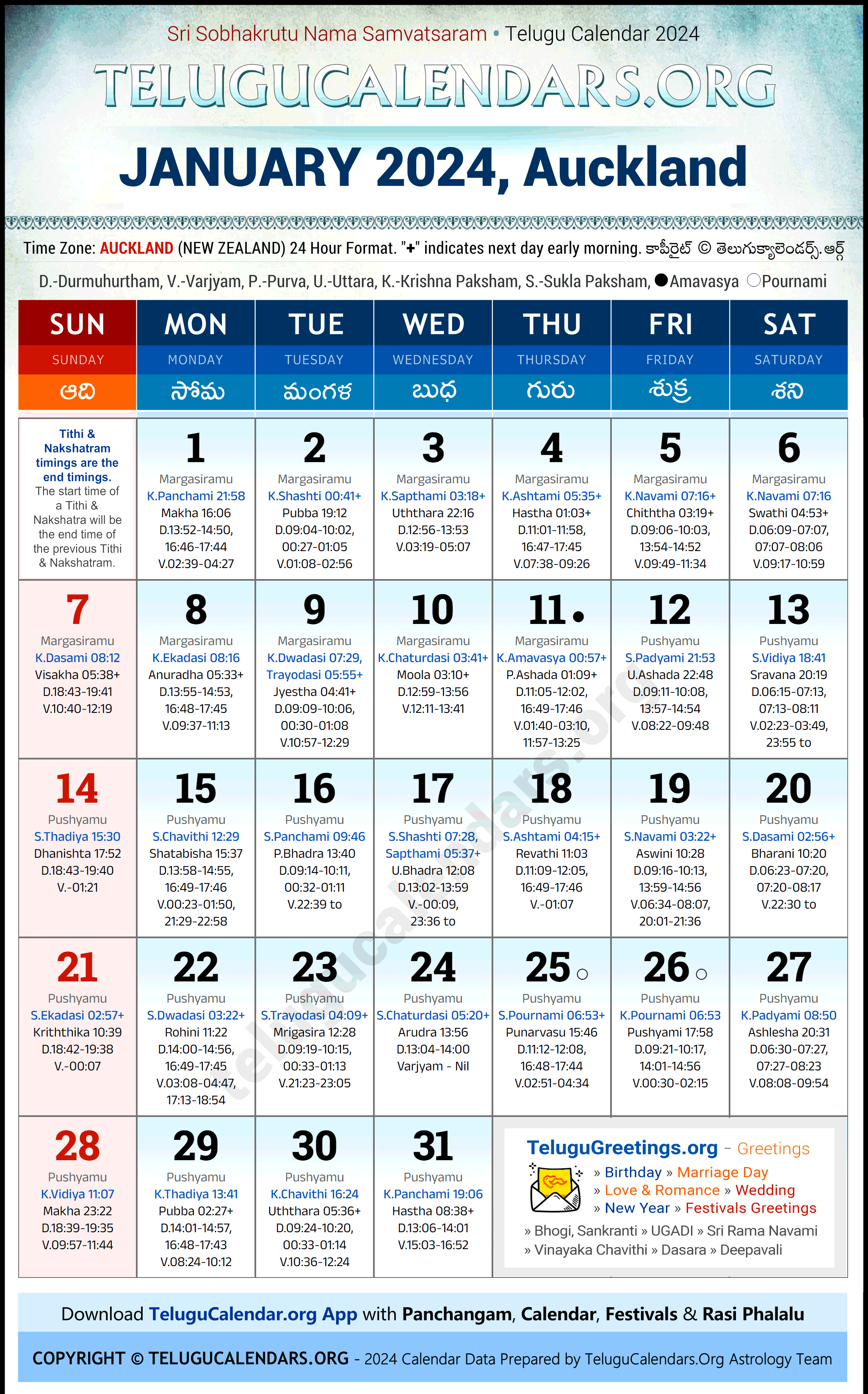 Telugu Calendar 2024 January Festivals for Auckland