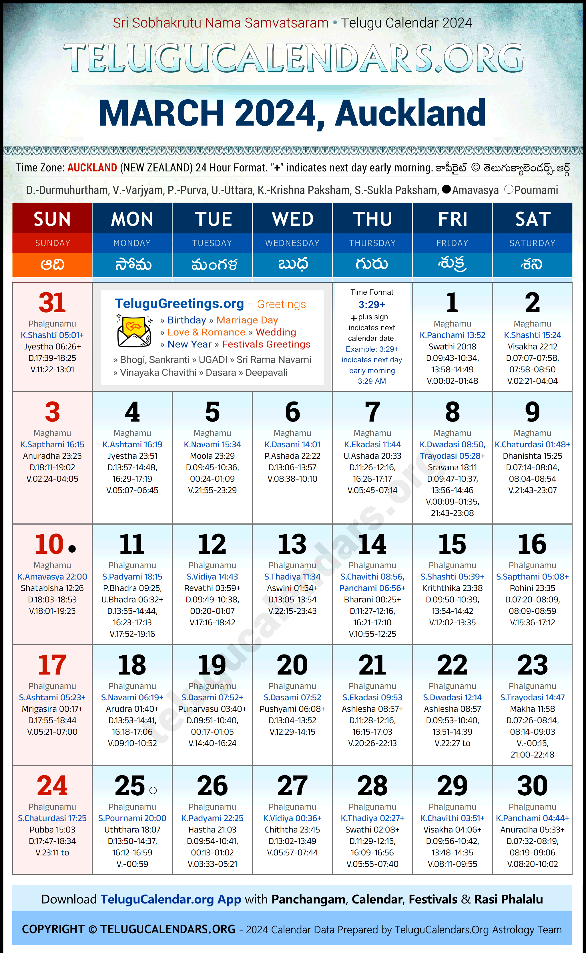 Telugu Calendar 2024 March Festivals for Auckland