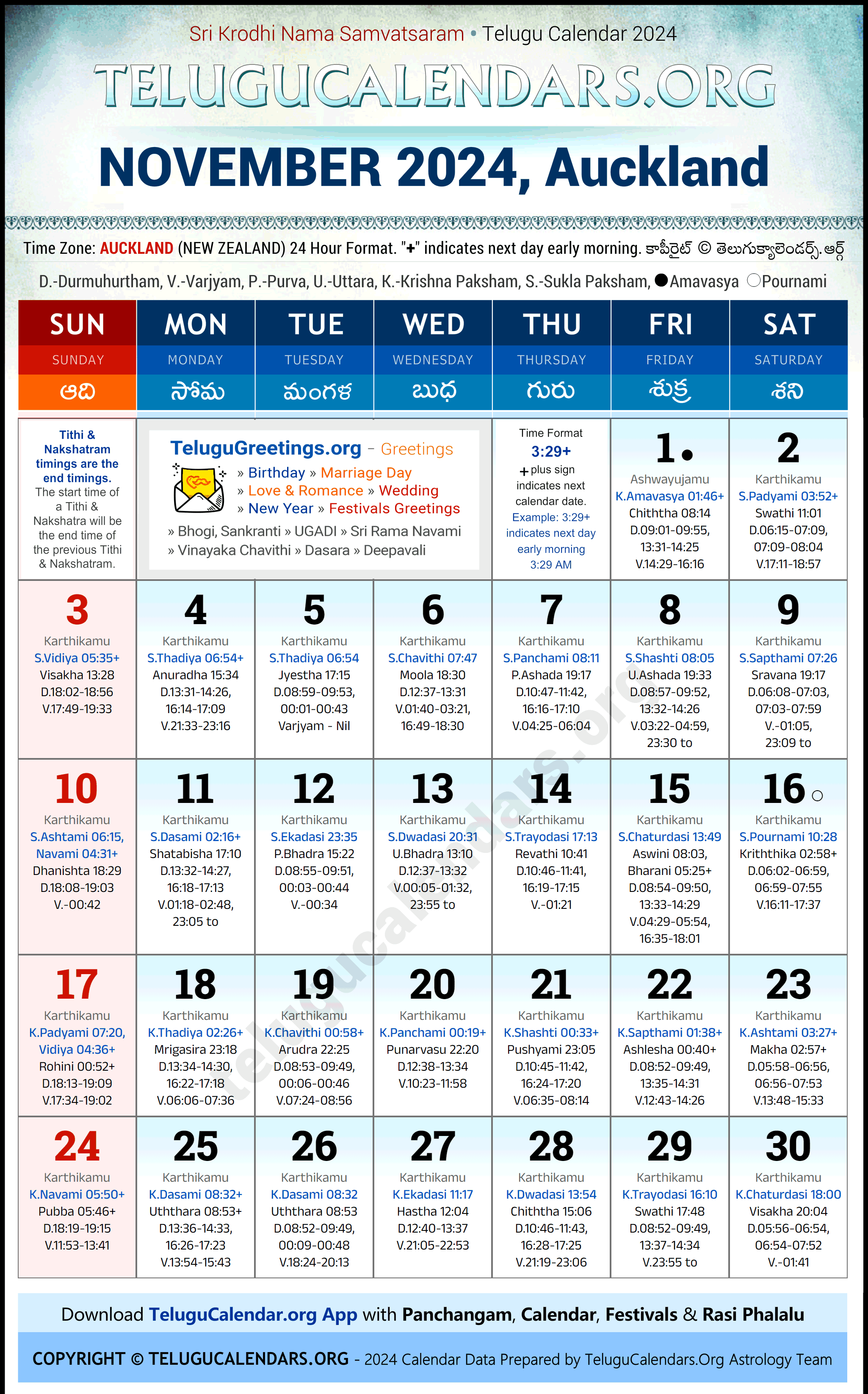 Telugu Calendar 2024 November Festivals for Auckland