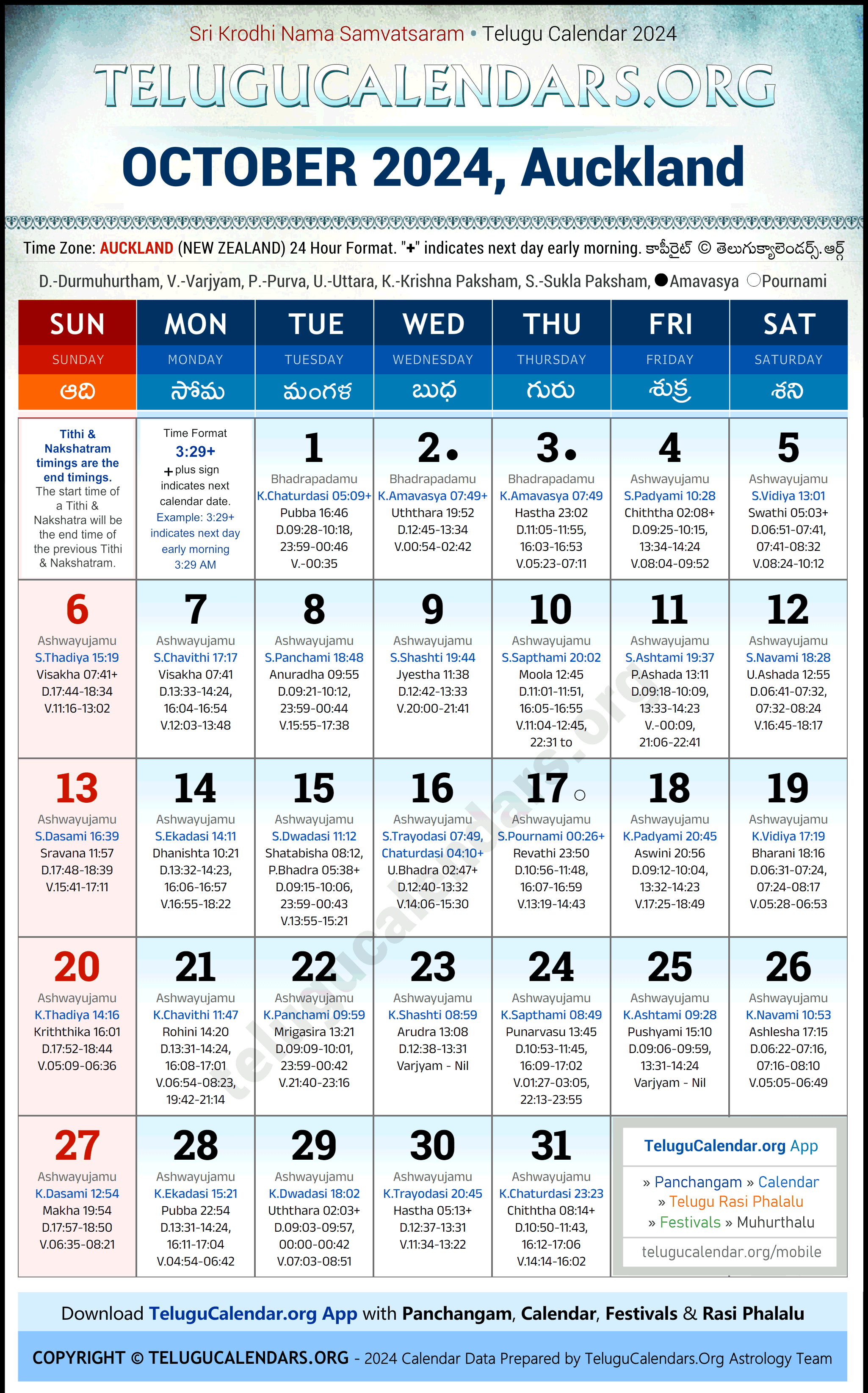 Telugu Calendar 2024 October Festivals for Auckland