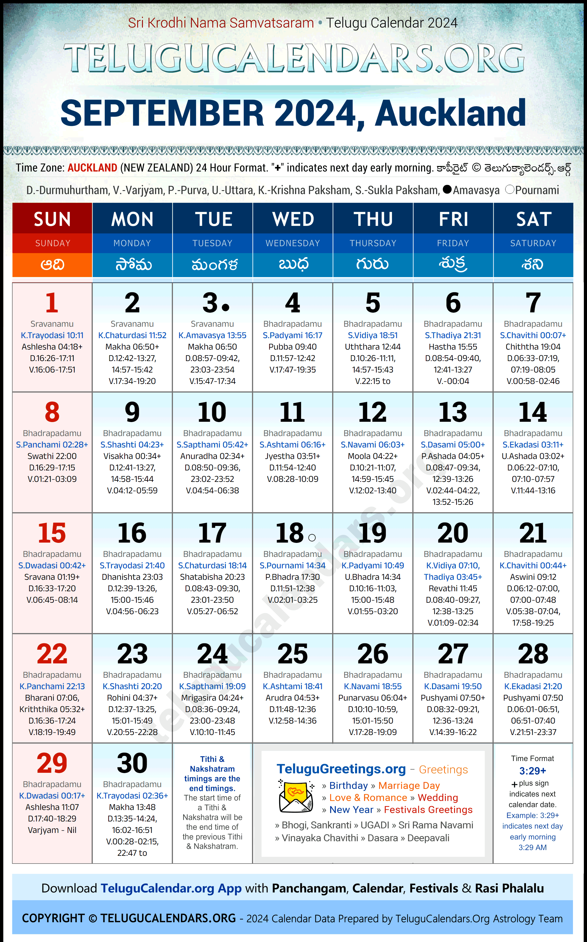 Telugu Calendar 2024 September Festivals for Auckland