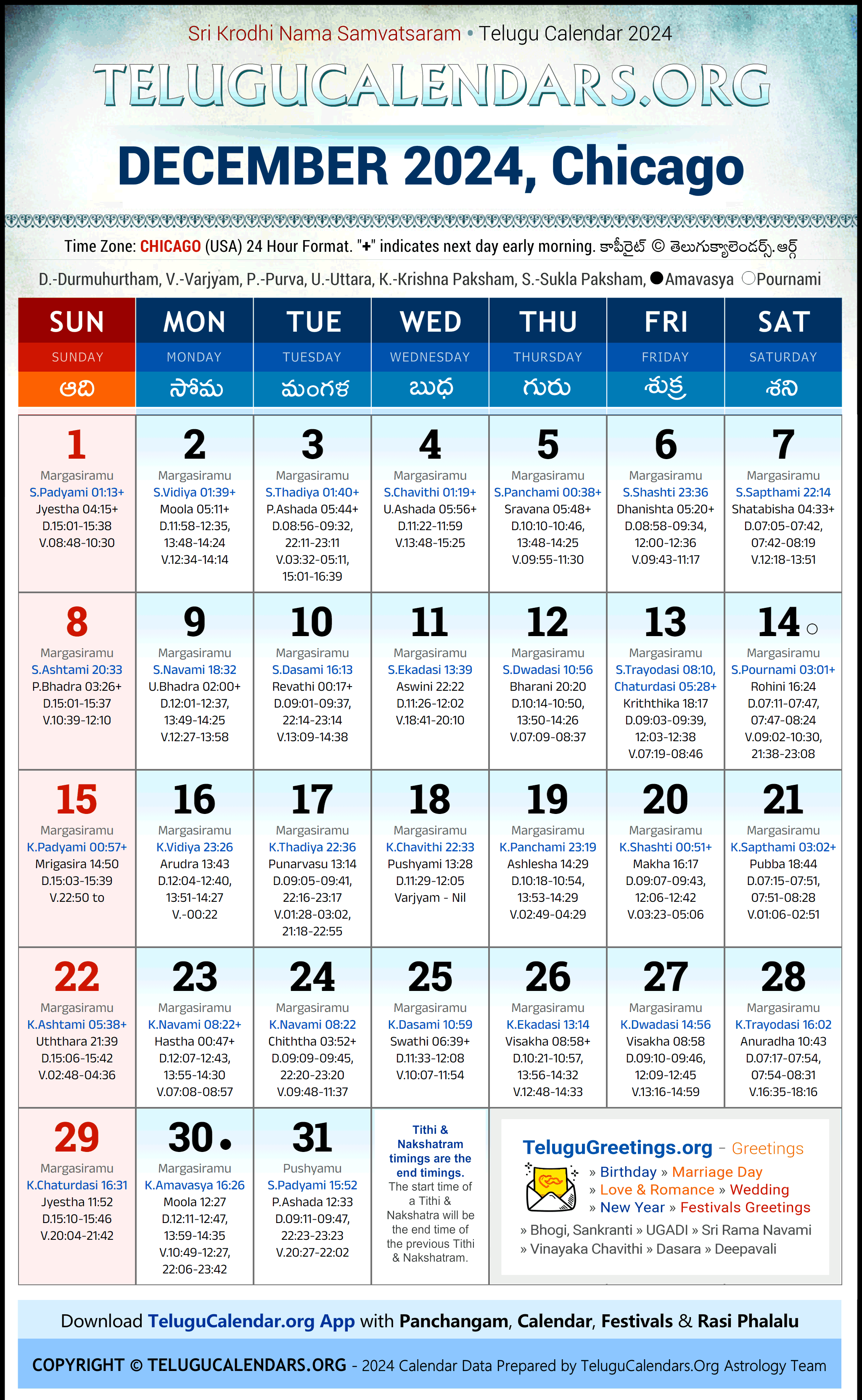 Telugu Calendar 2024 December Festivals for Chicago