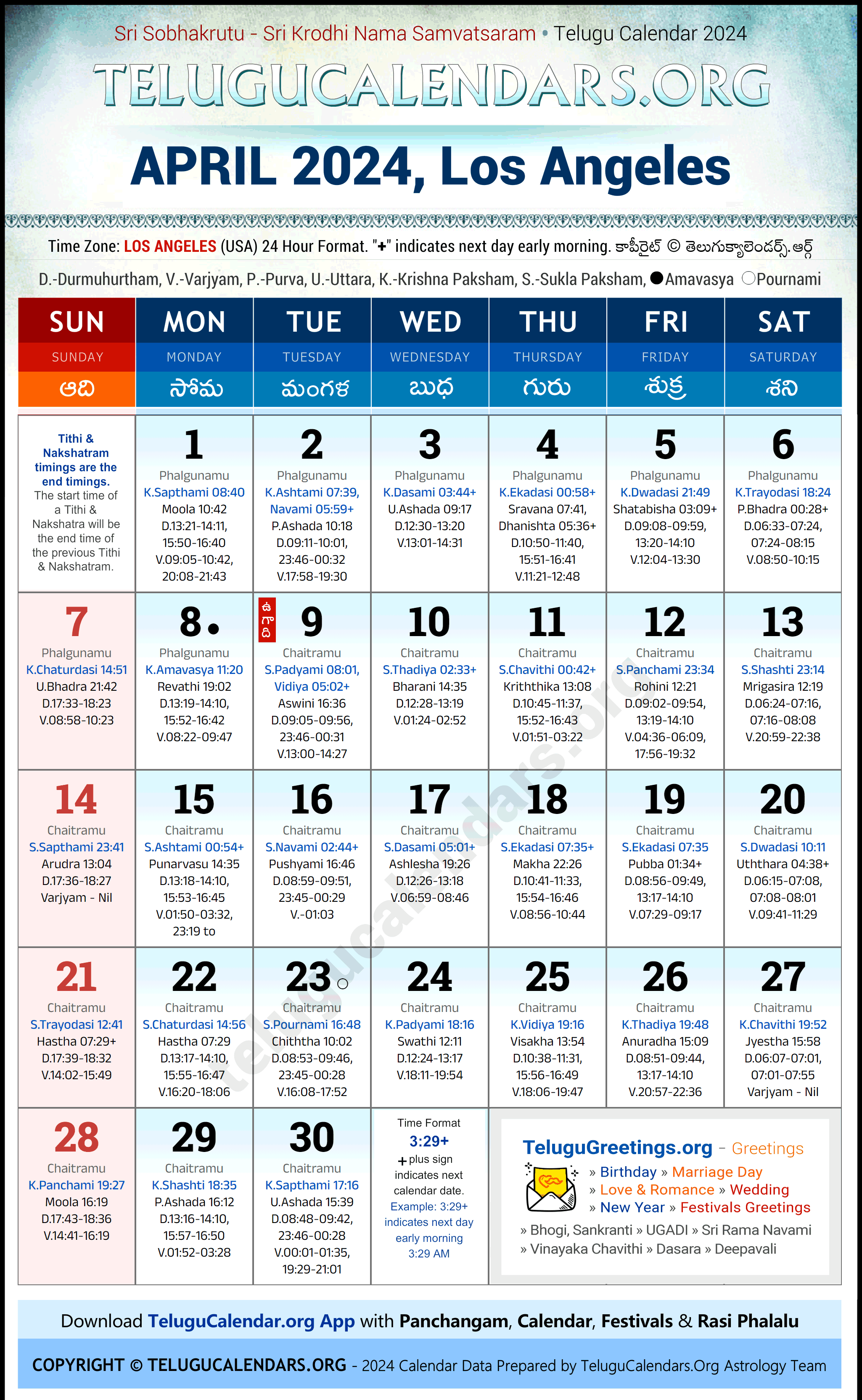 Telugu Calendar 2024 April Festivals for Los Angeles