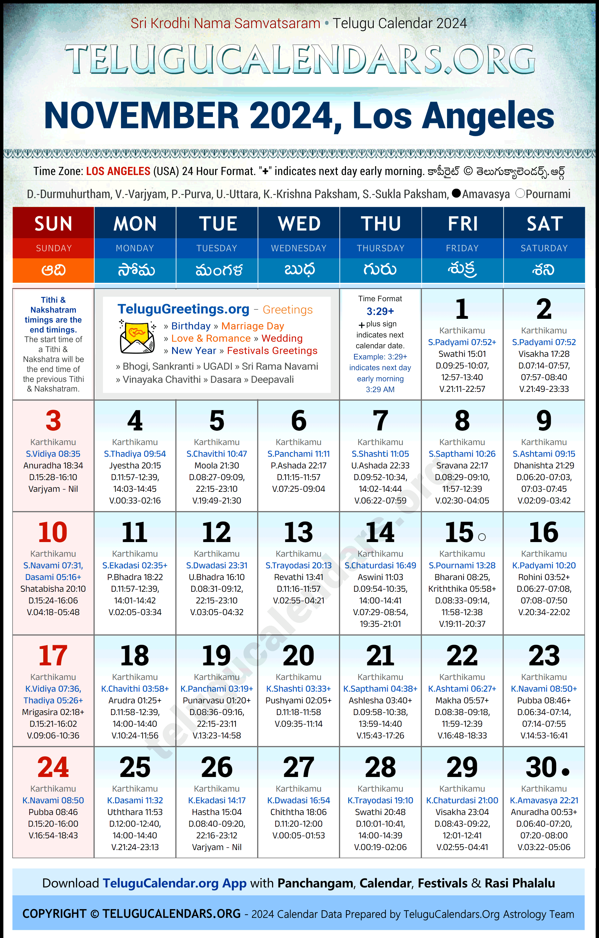 Telugu Calendar 2024 November Festivals for Los Angeles
